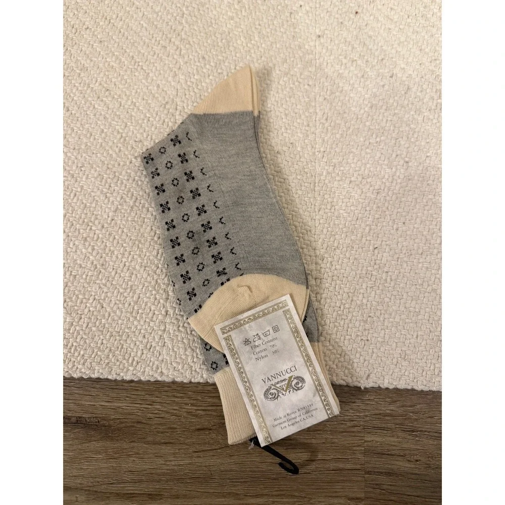 Vannucci Men's Cotton Blend Dress Socks XO Pattern Grey Beige One‎ Size